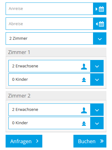 Screenshot Buchungswidget mit Zimmeranzahl und Verteilung