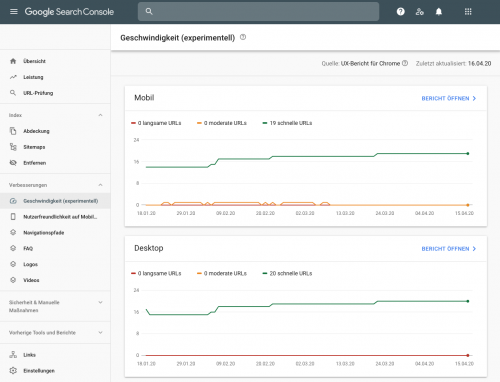 Google Search Console Geschwindigkeit (experimentell) Beispiel