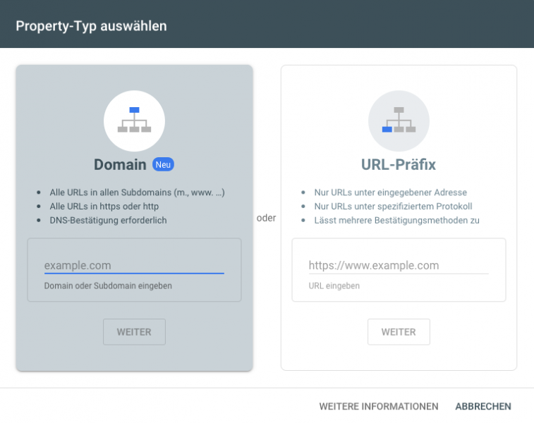 Google Search Console: Property-Typ auswählen