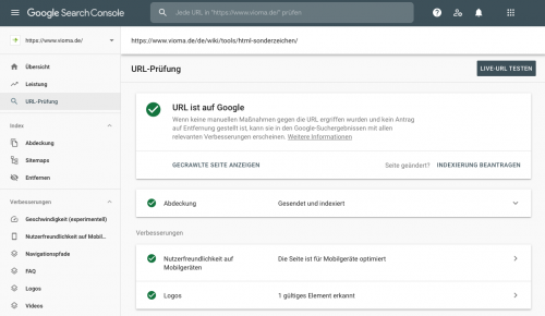 Google Search Console URL-Prüfung Beispiel