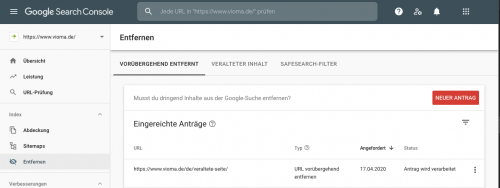 Google Search Console URLs entfernen Beispiel