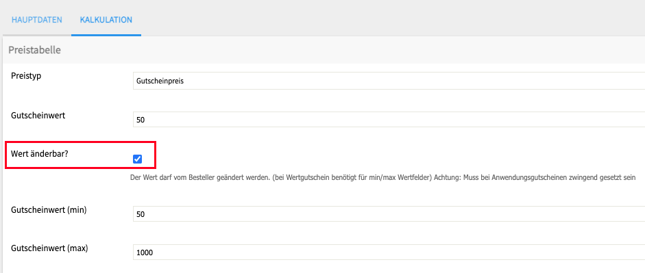 Abb. 2: Gutscheineinstellungen im Reiter “Kalkulation”