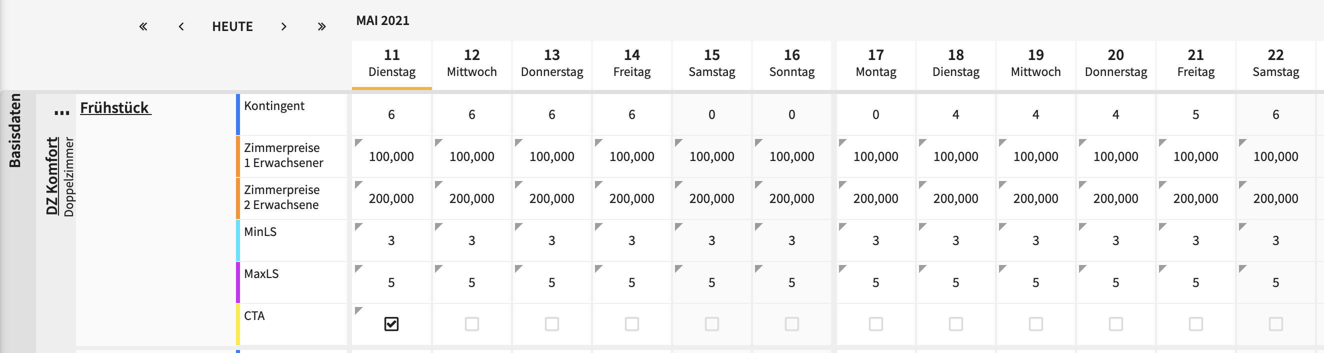 Einstellungen im Ratenkalender