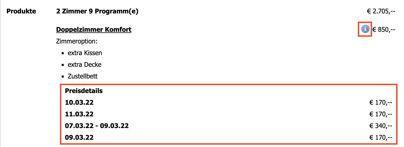 Abbildung der ausgeklappten Tagespreise in einer Buchung