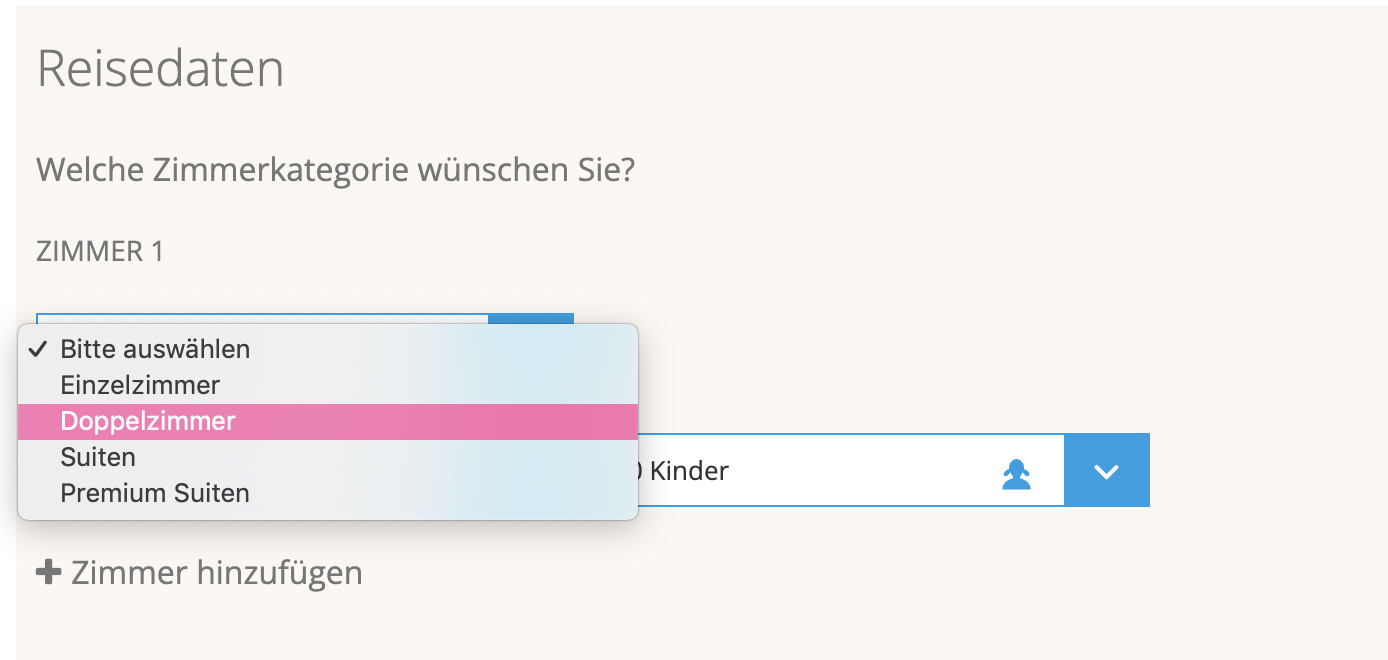 Abb. 4: Segment "Reisedaten mit Zimmergruppenauswahl" im Anfrageformular