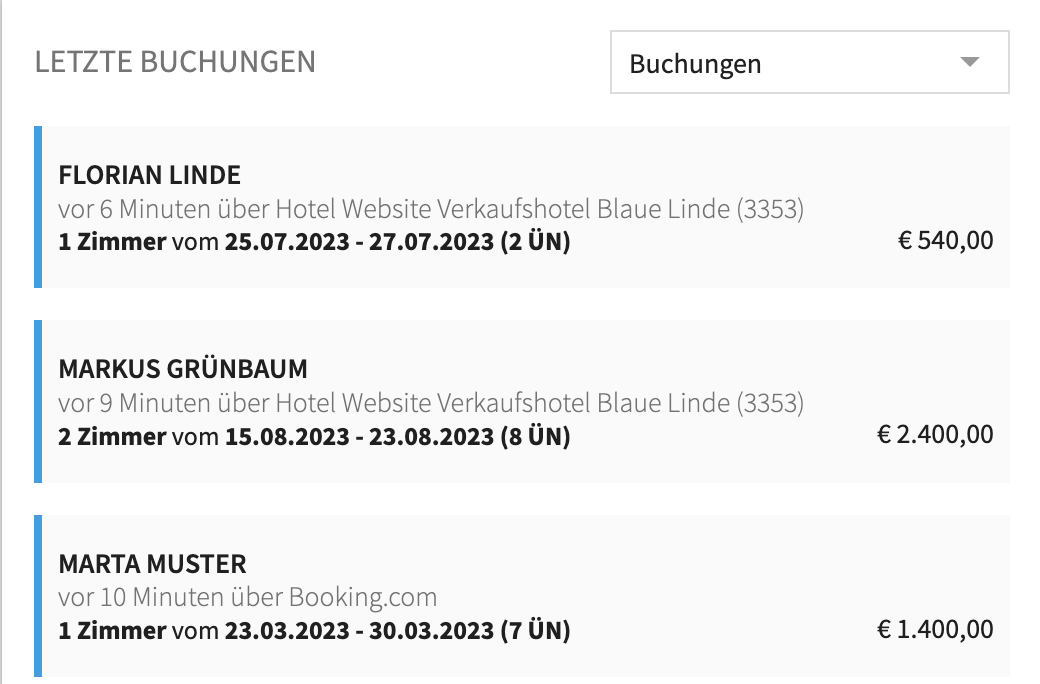 Abb.1 Beispielansicht für die letzten Buchungen