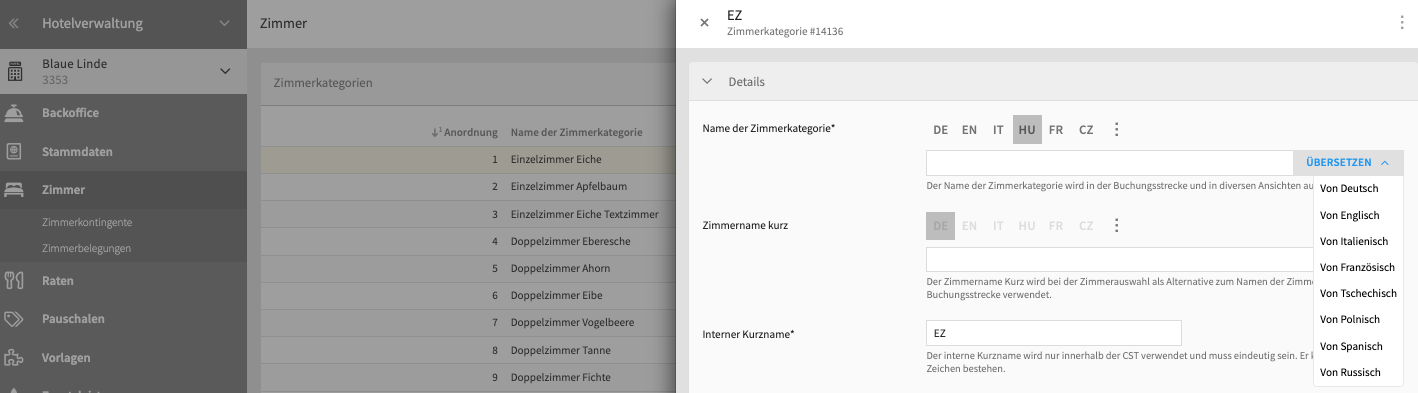 Abb. 1: Ansicht des Auswahl-Dropdowns für automatische Übersetzungen.