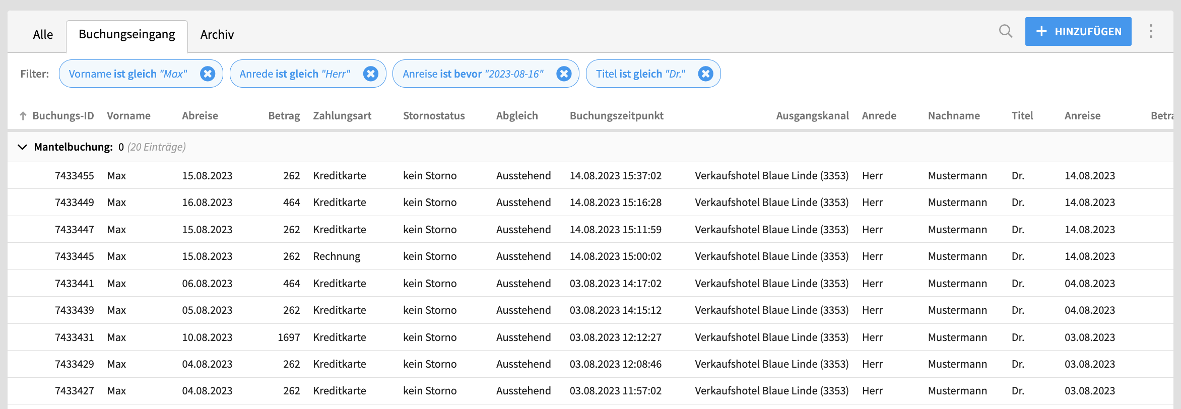 Abb.2: Listenansicht mit gesetzten Filtern.