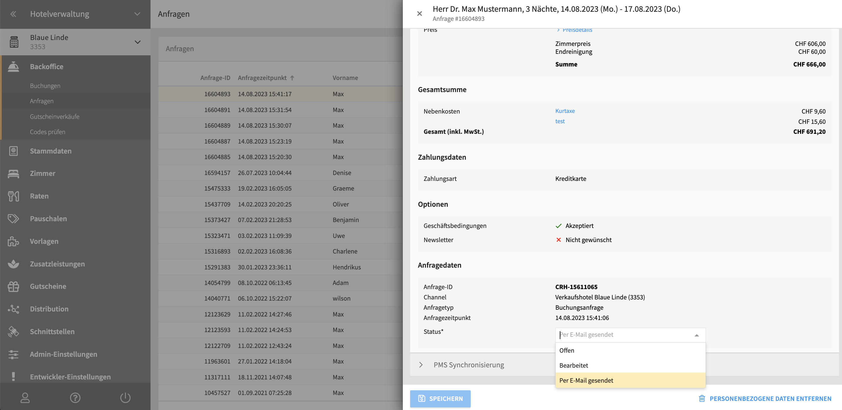 Abb. 4 : Dropdown für manuelle Statusänderung der eingegangenen Anfragen.