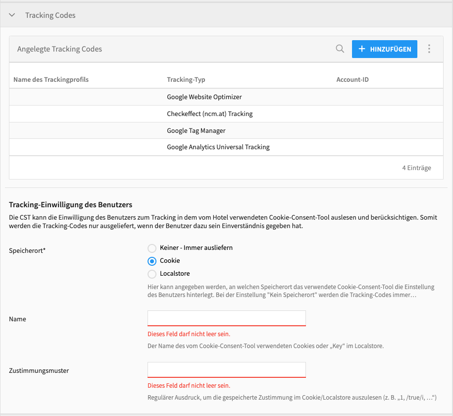 Abb.3: Tracking Codes: Tracking-Einwilligung des Benutzers - Ansicht, wenn Informationen fehlen