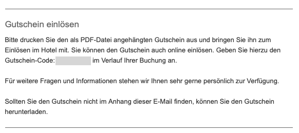 Abb. 9: Block “Gutschein einlösen” in der Mail an eine/n Gutscheinempfänger/in