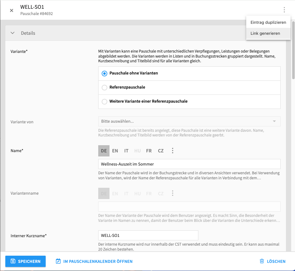 Abb. 5: “Link generieren” im Drei-Punkte-Menü in einer Pauschale