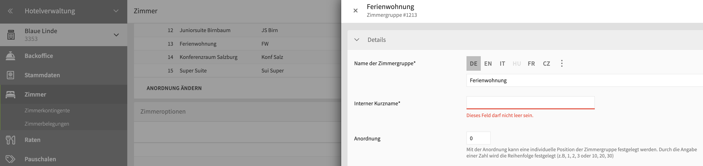 Abb. 2: Neues Pflichtfeld “Interner Kurzname” bei Zimmergruppen.